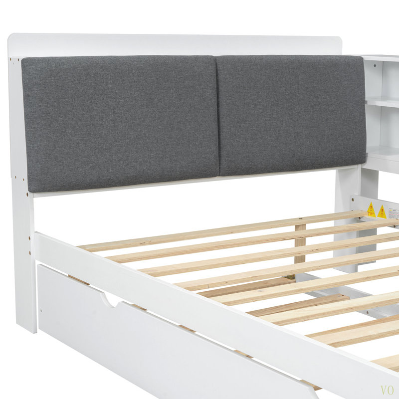 Lit plateforme en bois avec lit gigogne, tablettes et tête de lit, Blanc