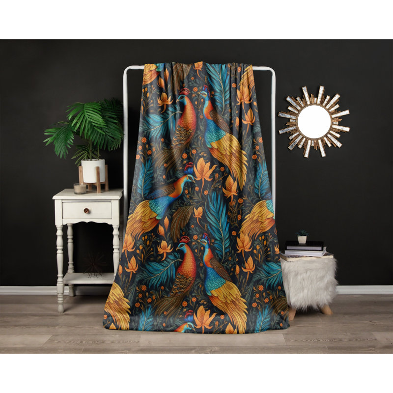 Throw Blanket, 51" W x 60" L, Animal Print/Floral, Blue/Orange/Dark Brown