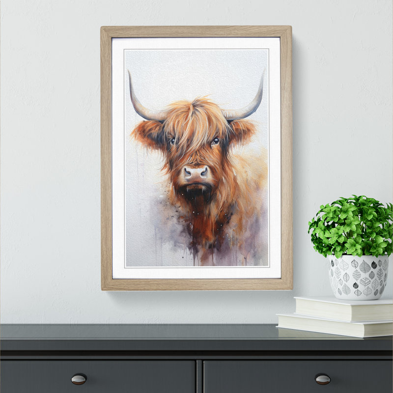 Highland Cow Tachisme - Single Picture Frame Print on Wood, 34cm H x 25cm W x 2cm D, Oak