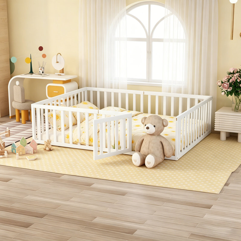 Élégante base de lit en bois avec clôture et porte, parfaite pour les chambres modernes et la conception peu encombrante
