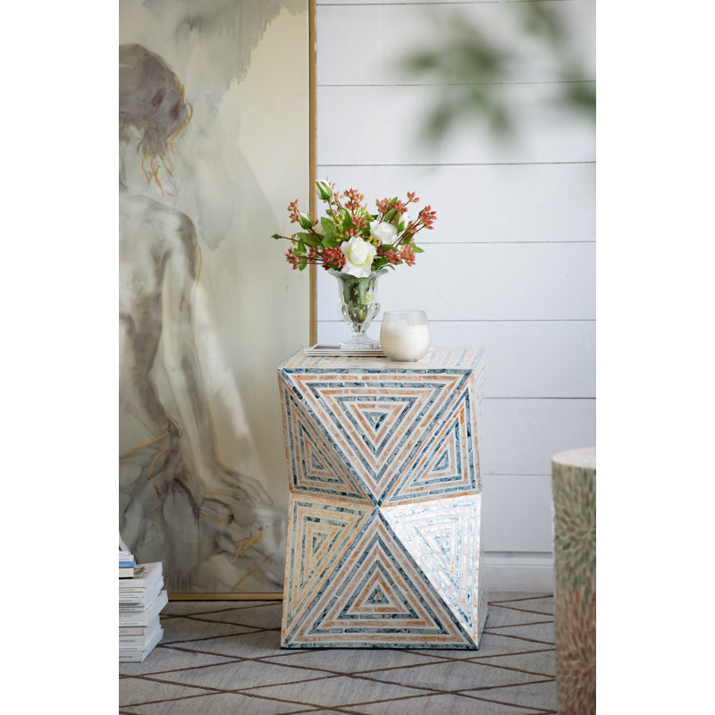 Geometric, Triangular Pattern Capiz Stool - Yellow, Blue Finish