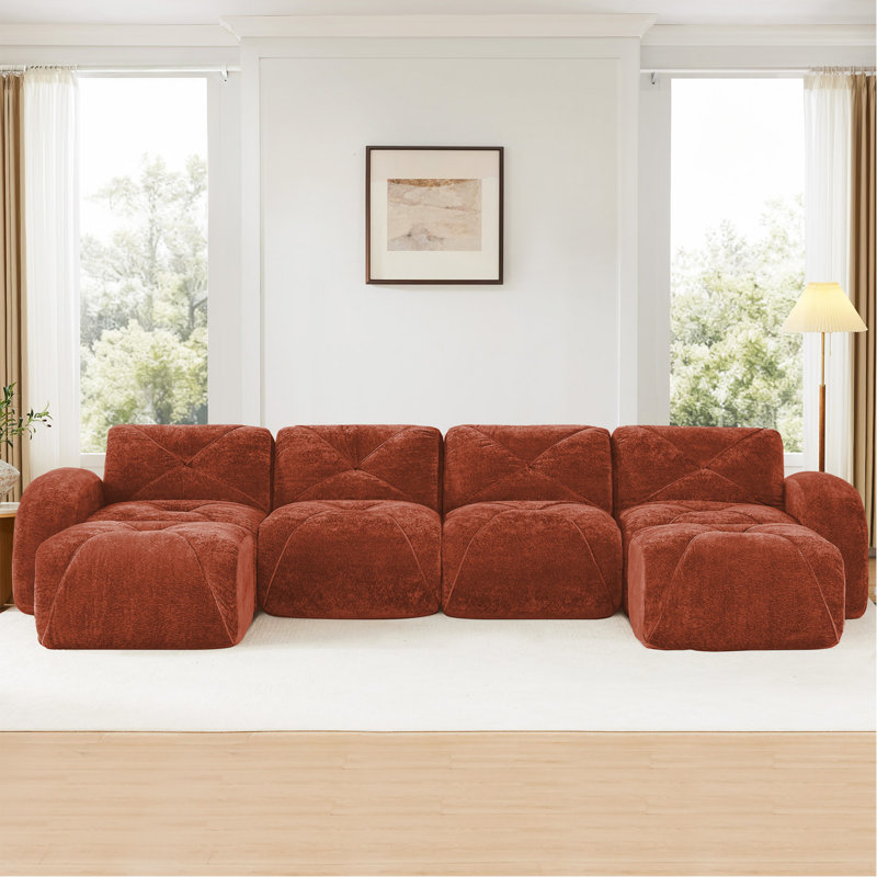 Canapé en forme de U sans os, conception capitonnée, fond en éponge haute densité 32D, conception antidérapante, aucun assemblage requis, combinaison libre, repose-pieds mobiles pour le salon, cinéma maison, brun rouge