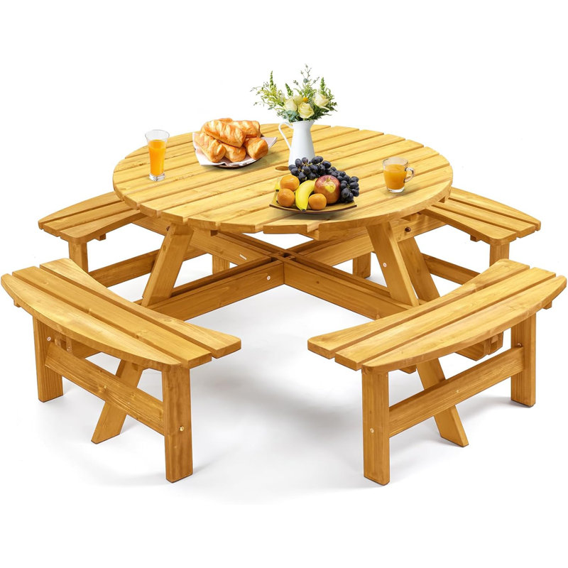 Table de pique-nique ronde en bois avec bancs intégrés, 8 personnes, Naturel