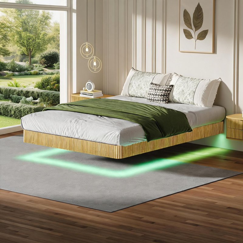 Structure de lit flottante pour la chambre à coucher, panneau de fibres à densité moyenne et structure en acier, plateforme grand format avec lumières DEL, lattes métalliques robustes sans sommier