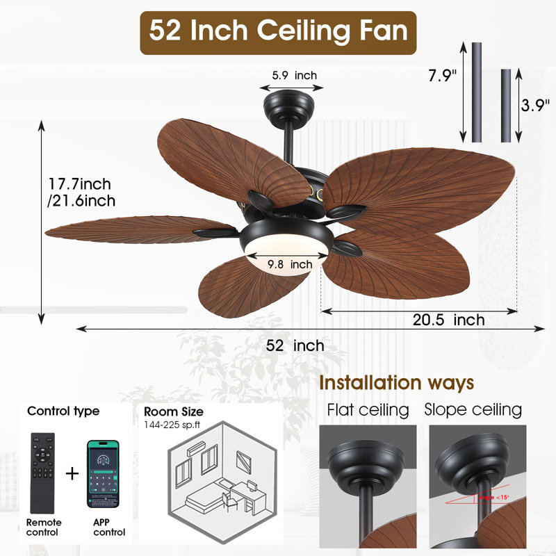 44/52" Palm Tropical 5 Blade Ceiling Fan, 52" Wide, Light Brown