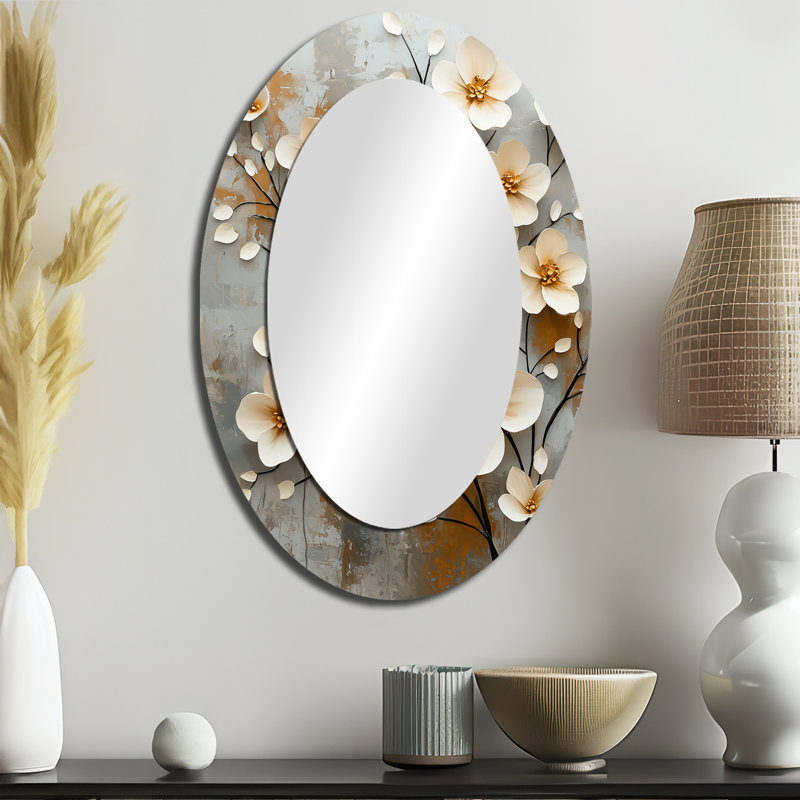 White Beige Botanical Impressions I - Large Oval Wall Mirror On Metal, 36" x 24"