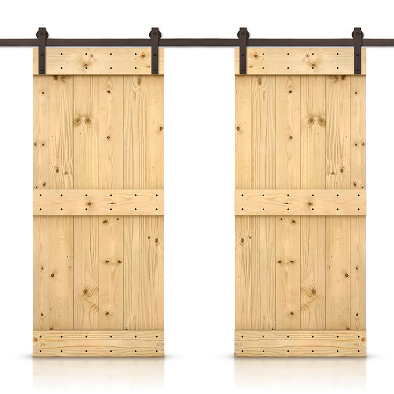 Porte de grange en bois massif lambrissé et métal, Naturel, 80 po x 84 po
