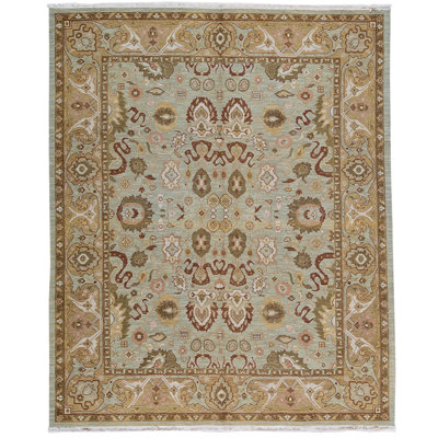 Tapis vert clair et crème noué à la main de haute qualité