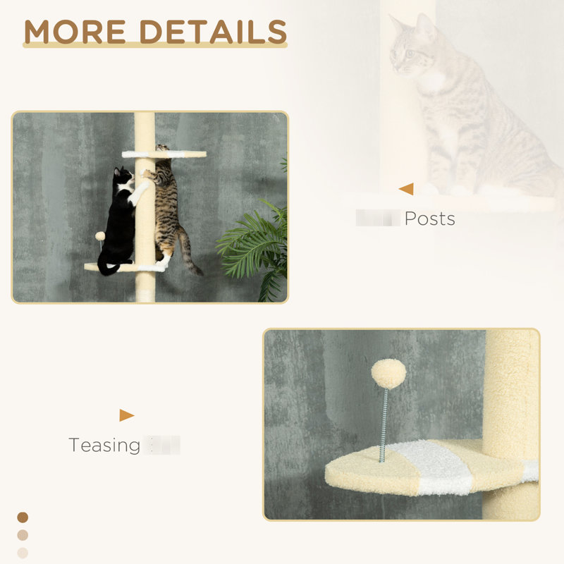Tour d'amusement pour chat, du sol au plafond, plateformes réglables de 87 à 103 pouces, poteaux à griffer, jaune pour chats 4 places de repos,
