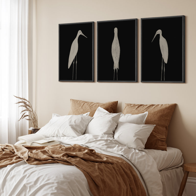 Oiseau blanc minimaliste moderne, ensemble de 3 estampes encadrées, H 36 po x l 24 po, Noir