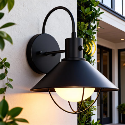 15-Inch Outdoor Barn Wall Light With Dusk To Dawn Sensor, Metal Cage & White Glass