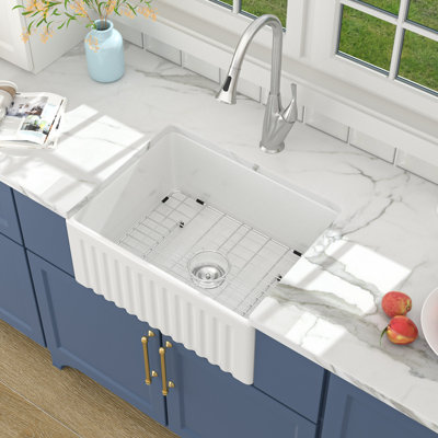 Fireclay 24" L x 18" W White Farmhouse Kitchen Sink Apron Front Fram Sinks with Basket Strainer