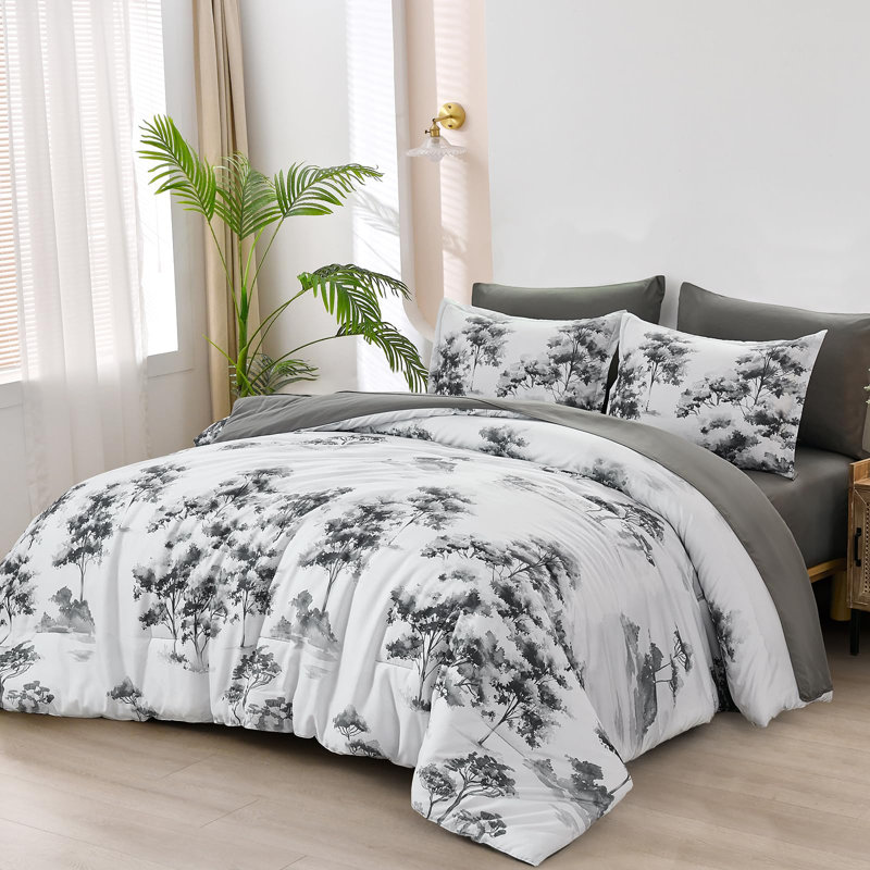 7 Piece Flower Comforter Set with Sheets, Pillowcases & Pillow Shams, Gray/White Floral