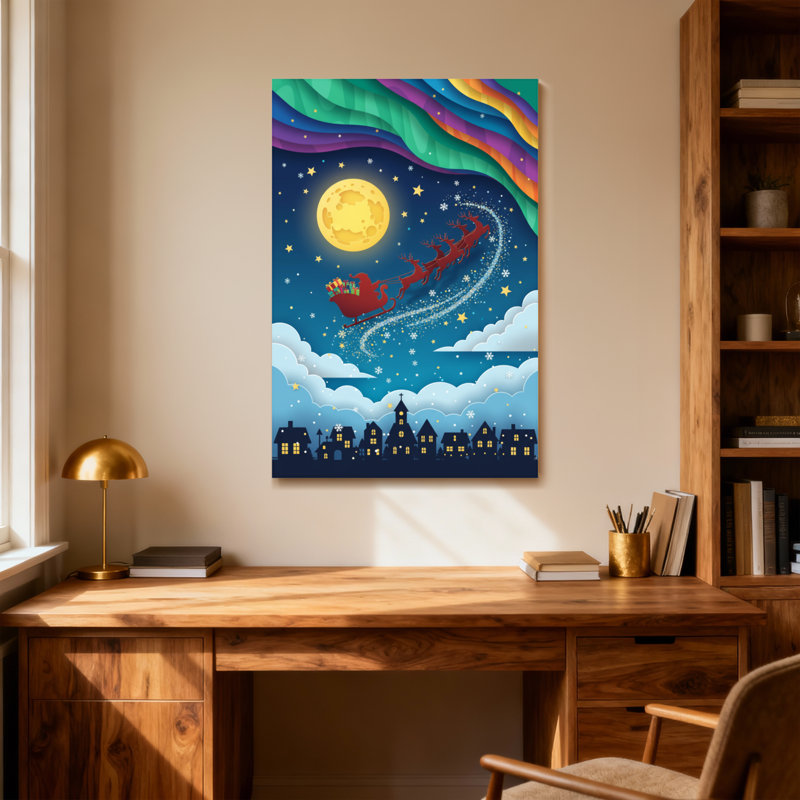 Noël, traîneau du Père Noël, lune, étoiles, nuages, ville, ciel nocturne, H 24 po x l 16 po