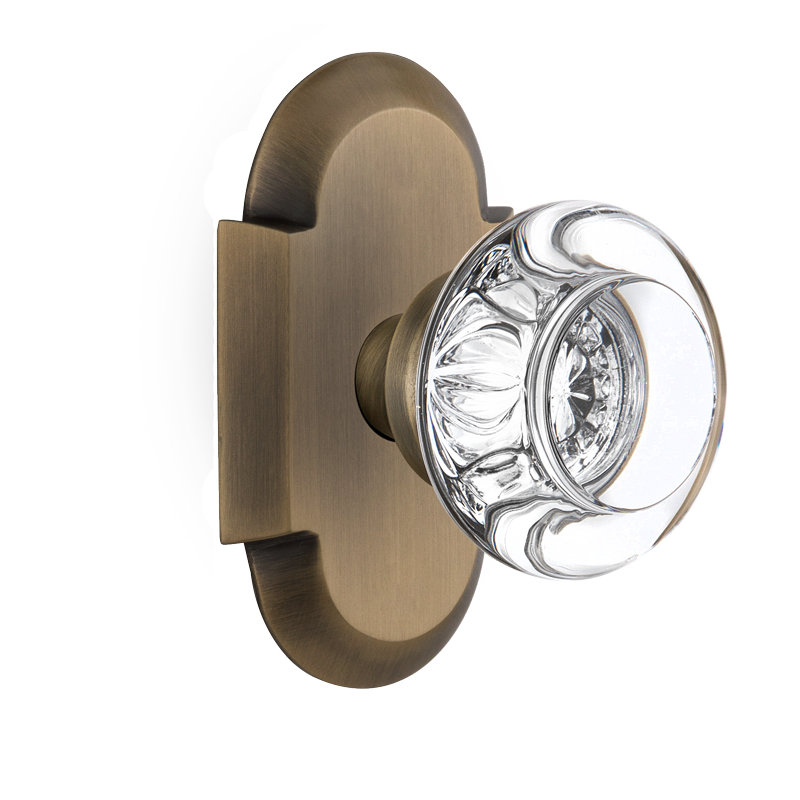 Cottage Plate with Round Clear Crystal Door Knob, Antique Brass, 2.375"