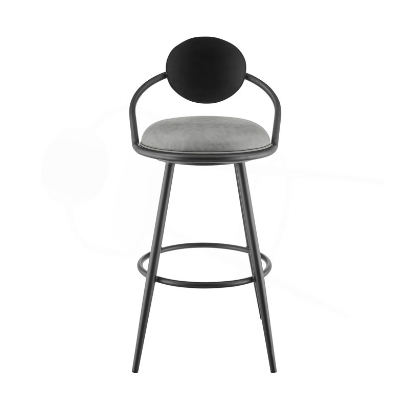 Tabouret de bar pivotant de 26 po en fer noir avec similicuir gris rétro et dossier en bois noir