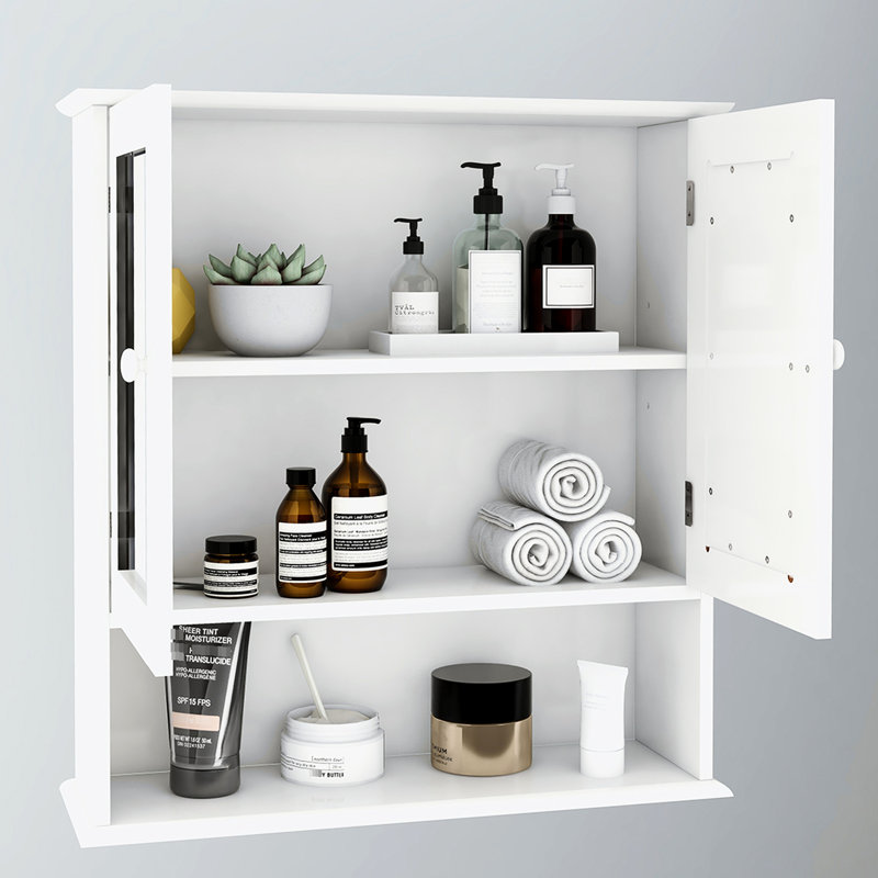 Armoire de salle de bain avec portes à double miroir et tablettes - Options de tablettes réglables peintes en blanc et peu encombrantes à assembler