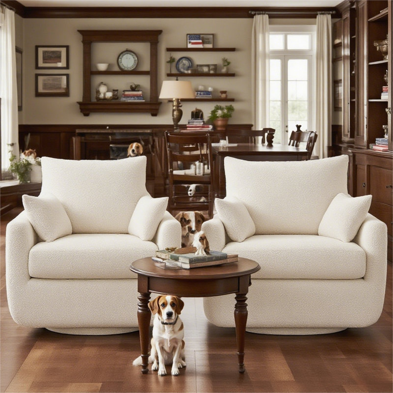 Boucle Swivel Armchairs Set Of 2, Modern Deep Seating Lounge Chairs With Accent Pillows, White 