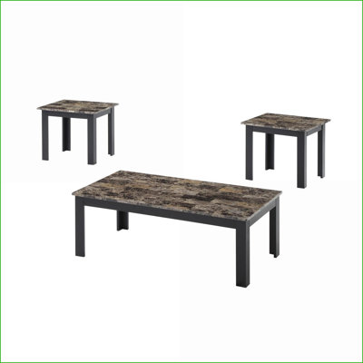 3 pièces brun traditionnel Ensemble de tables de bout avec dessus en faux marbre, facile à assembler pour le salon