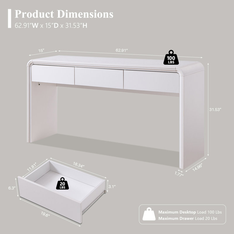 Maud 62.91" Wood Console Table with 3 Storage Drawers, Long Wood Sofa Table w/Curved Profile Design, White