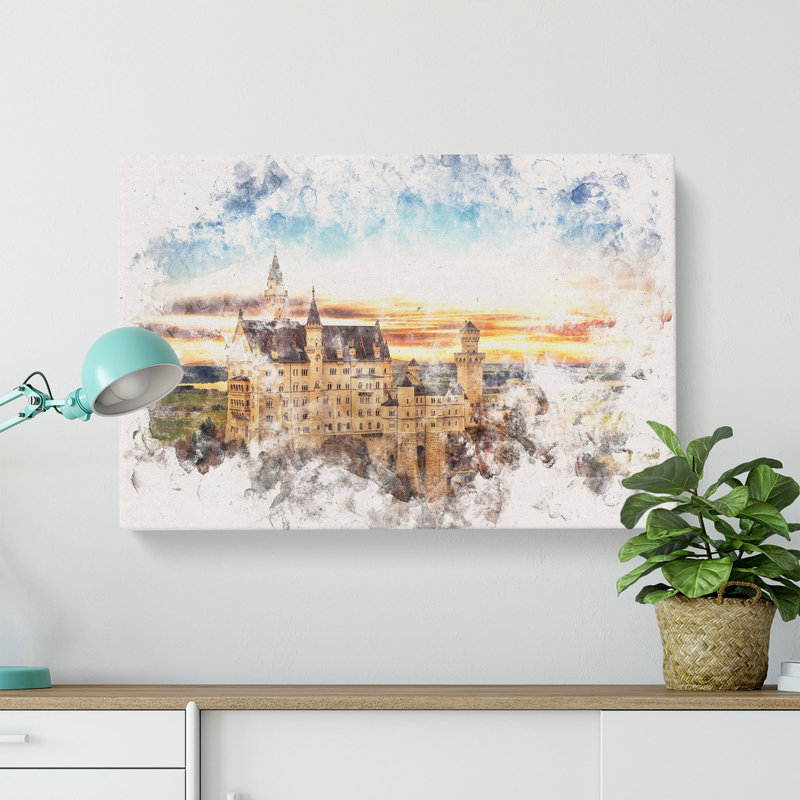 Neuschwanstein Castle Watercolour - Wrapped Canvas, 30cm H x 45cm W x 4cm D