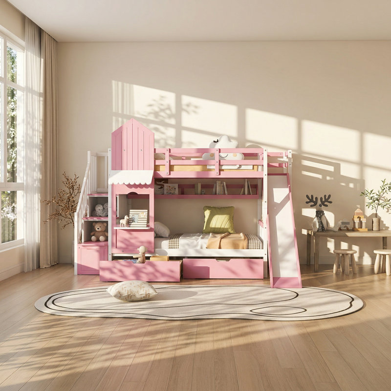 Lit simple superposé avec glissière et rangement en bois de pin massif Fairytale Castle l 76,6 po x P 106,3 po x H 72,8 po