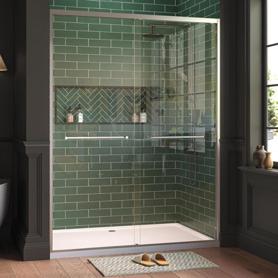 Porte de douche coulissante l 56 à 60 po x H 76 po. Contournement double en verre trempé de 1/4 po. Peut être recouvert et revêtu