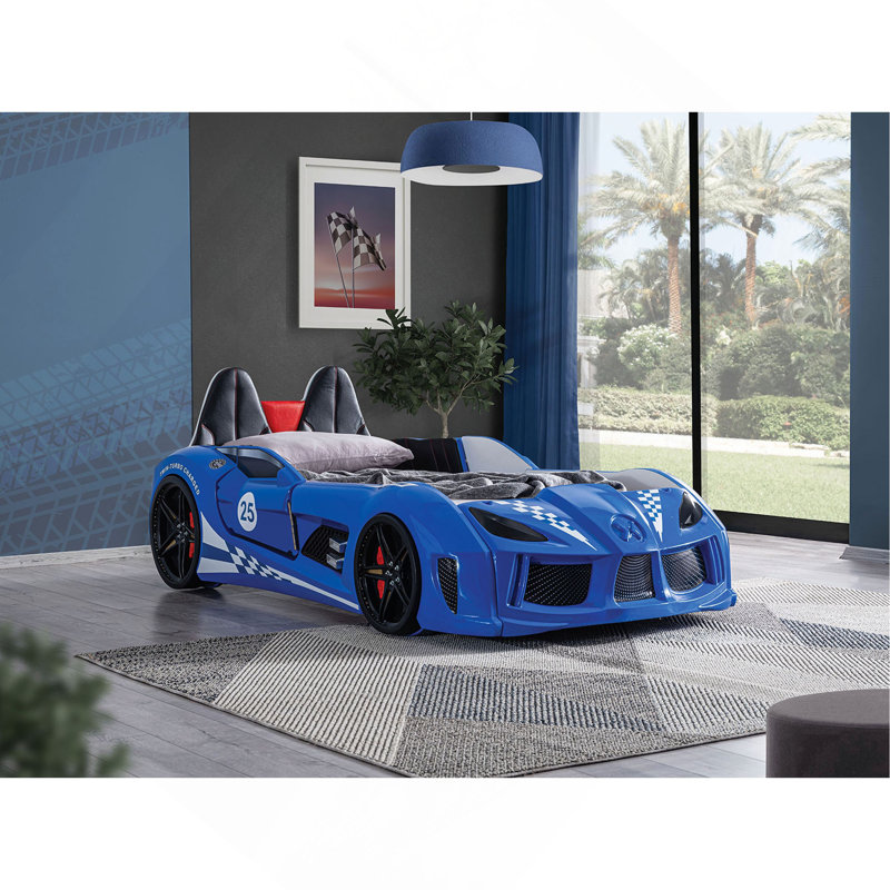 Modern Novelty Style Bed Race Car Design Attached Two Magnetic Doors With LED Lights On Wheels And Bottom Upholstery Headboard