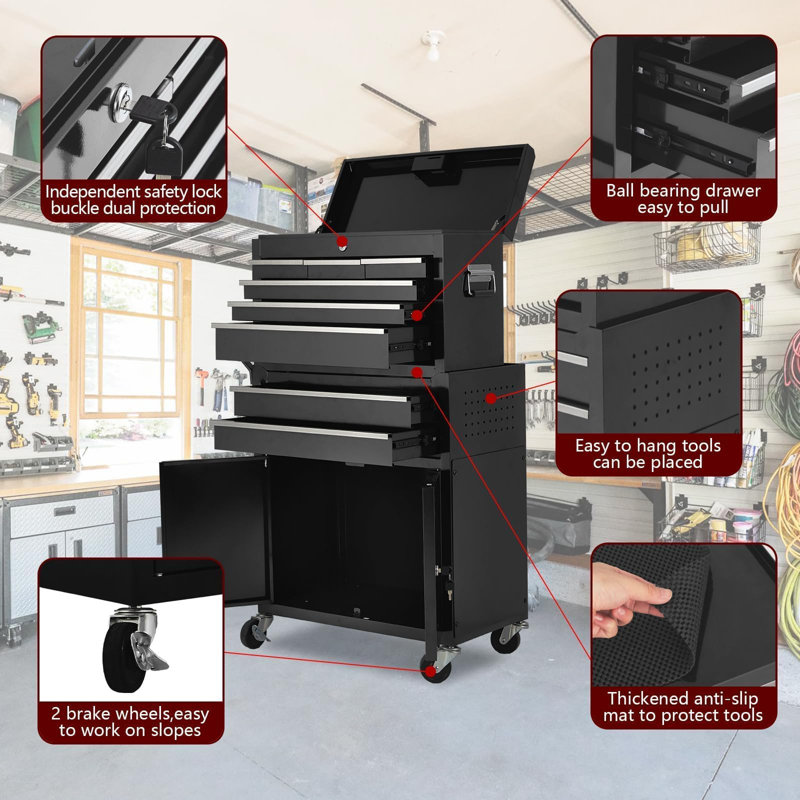 8-Drawer Heavy-Duty Rolling Tool Chest - Detachable cabinet, lockable wheels, sliding drawers, secure locking system. High-capacity organizer for workshop, garage, and mechanics. (Red + Black)