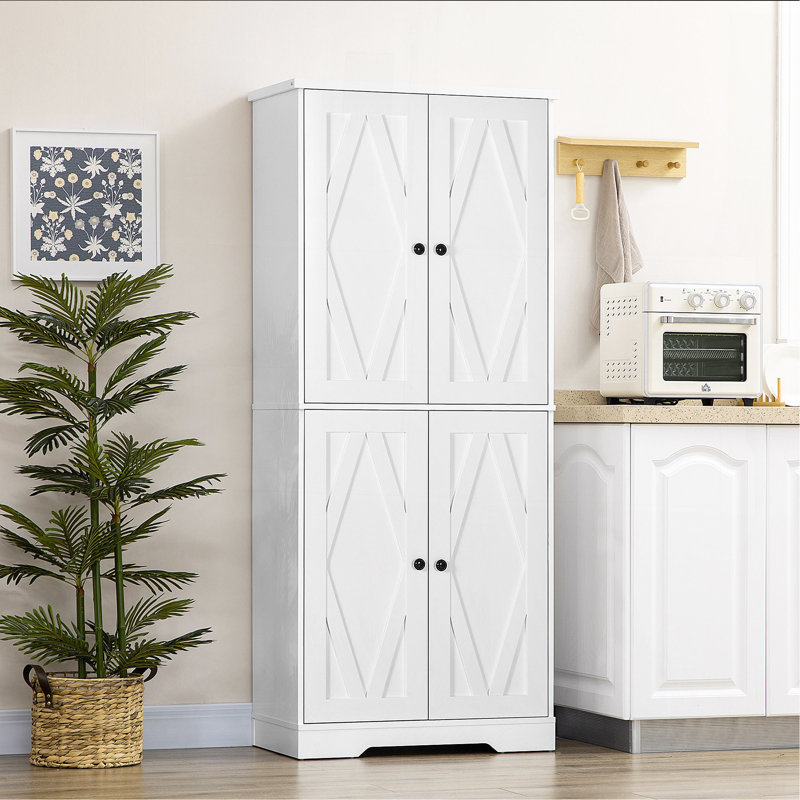Armoire de cuisine 70,75 "Farmhouse, armoire de rangement haute autoportante avec 4 portes de grange et tablettes réglables pour la salle à manger, blanc