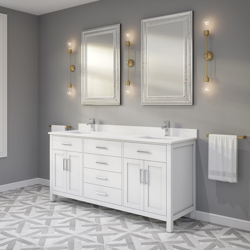 Kali White 72" W x 22" D Double Sink Bathroom Vanity with Built-in Power Outlet & USB, Drawer Organizer, Engineered Stone Top, Undermount Ceramic Sinks