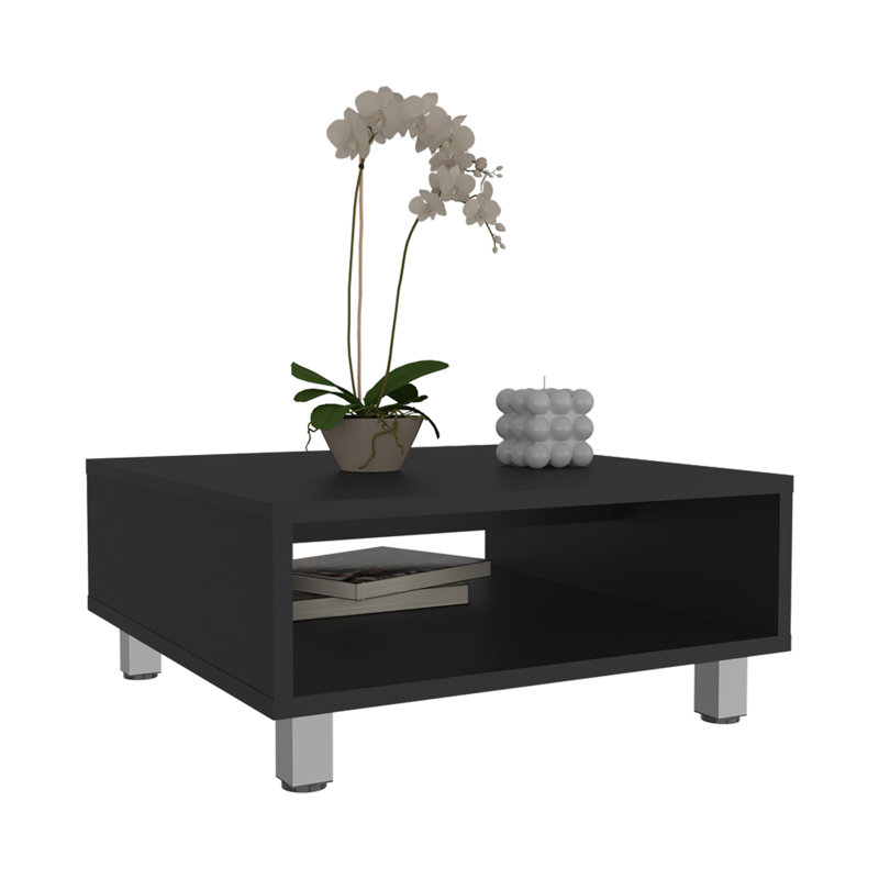 Table basse carrée avec rangement ouvert, tablette polyvalente noire pour tout espace, Noir