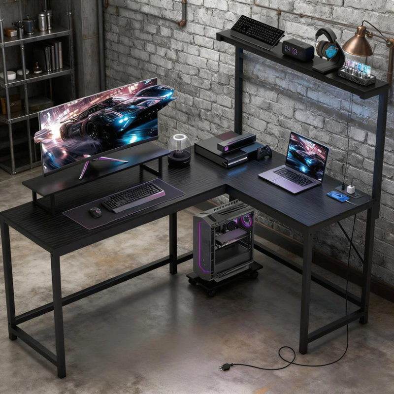 Bureau de jeu en L avec prises de courant et lumières DEL, Noir