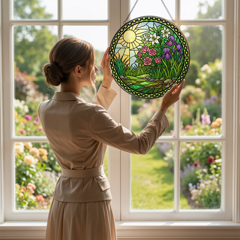 12"H Sunlight Garden Stained Glass Window Panel, 12" H x 12" W