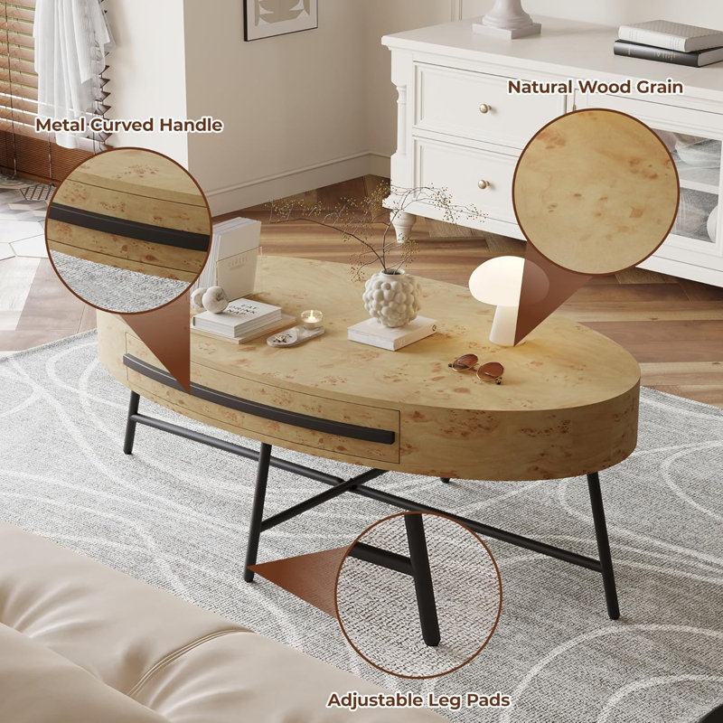 Oval Coffee Table with Drawers Center Table Rustic Coffee Tables, Natural