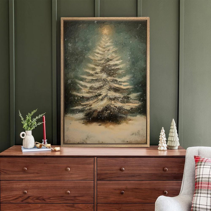 Reproduction d'art sur toile rétro, pin vert de Noël, neige, hiver, vacances, H 36 po x l 24 po, Cadre naturel flottant