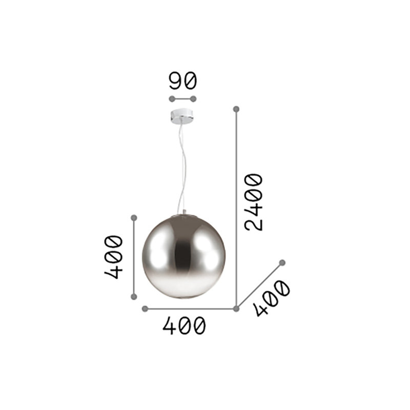 1 - Light Silver Globe Pendant, 255cm H x 40cm W x 40cm D, Chrome