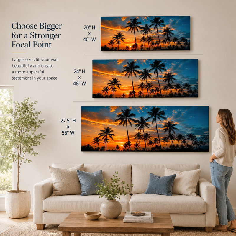 «Tropical Palm Sunset», art mural sur toile tendue, 24"H x 48"W x 1.5"D