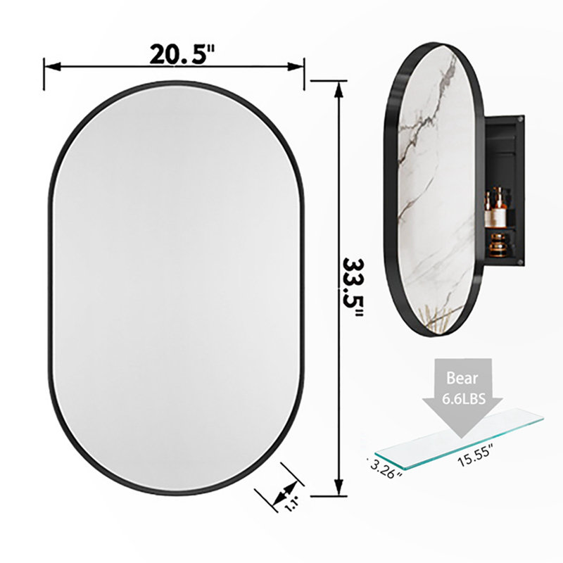Pharmacie ovale encastrée avec miroir, Noir mat