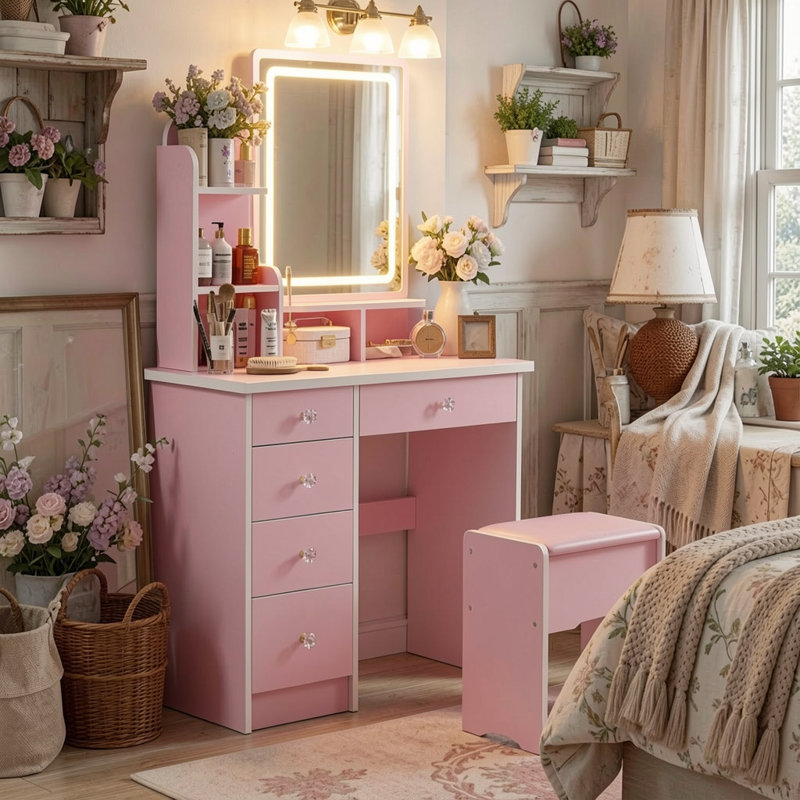 Bergelmir Blush Pink Vanity Set with LED Light Mirror & 5-Drawer Storage