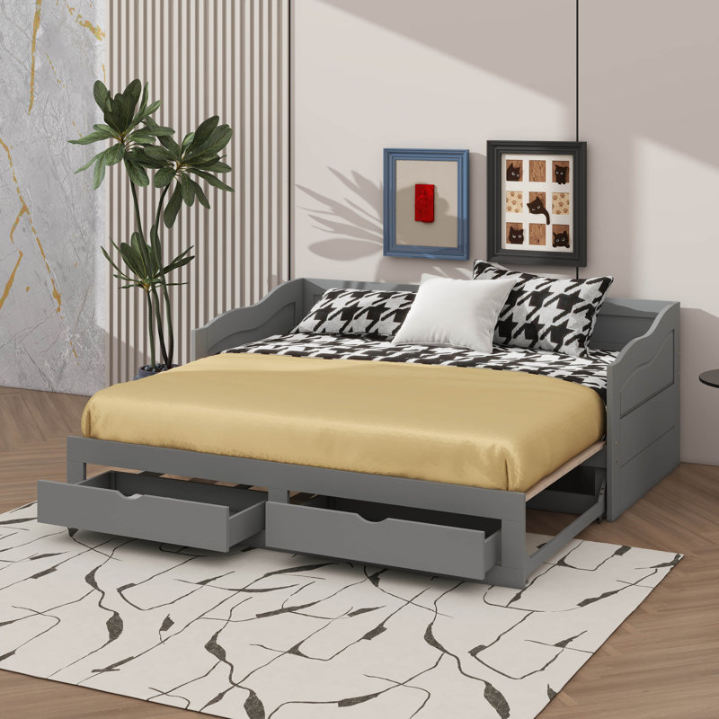 Lit de jour simple en bois avec lit coulissant et deux tiroirs de rangement, lit de jour extensible, gris