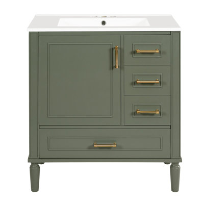 Bathroom vanity with a ceramic sink, 3 drawers, soft-close drawers, and a single-tier shelf