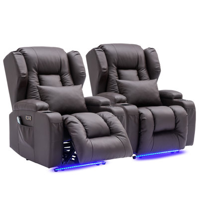Aguilera Leather Power Recliner Chair Home Theater Seating with LED Lights and Cup Holders by Ebern Designs