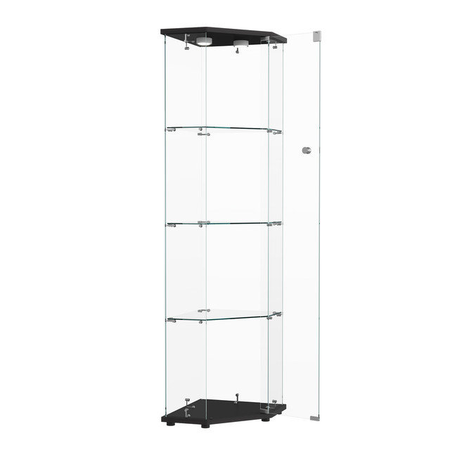 4-Tiers Glass Display Cabinet with LED Lighting, Black, Tap‑Lamp