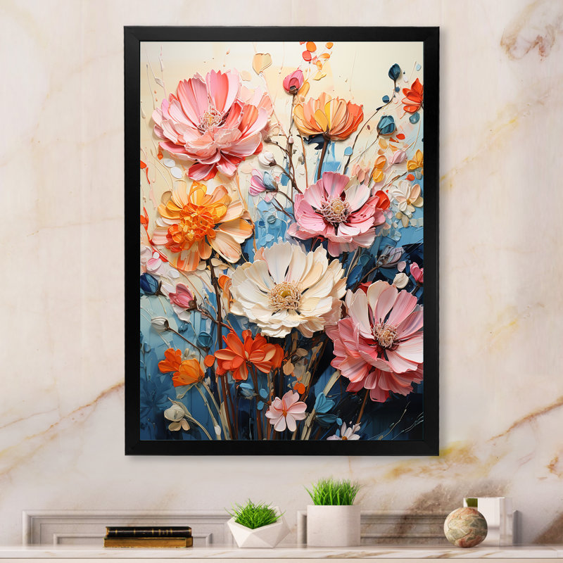 Capricia multicolore fleurs saisonnières sur bleu III - reproduction sur toile, Cadre photo noir, H 32 po x l 24 po x P 1 po