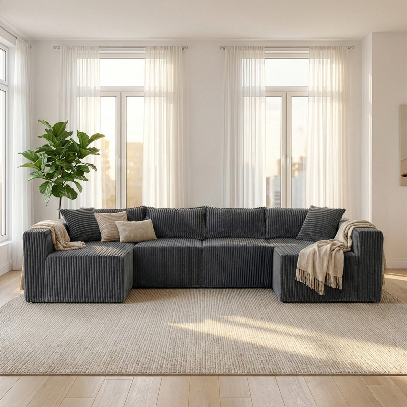 Boneless 128" U-Shaped Modular Sofa, No, Gray Corduroy
