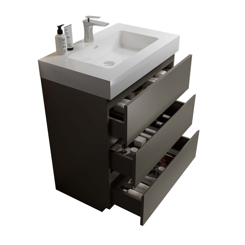 Meuble-lavabo autoportant moderne avec lavabo sans drain et robinet, Blanc, Gris