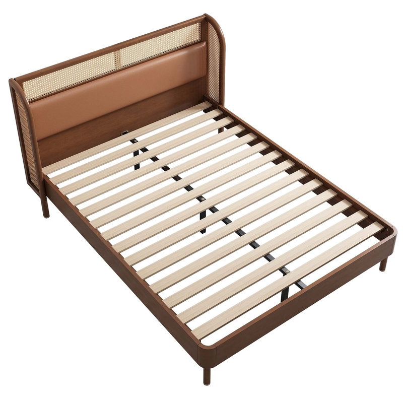 Arsaluis Modern Cannage Rattan Wood Platform Bed,bed frame,upholstered bed, Walnut