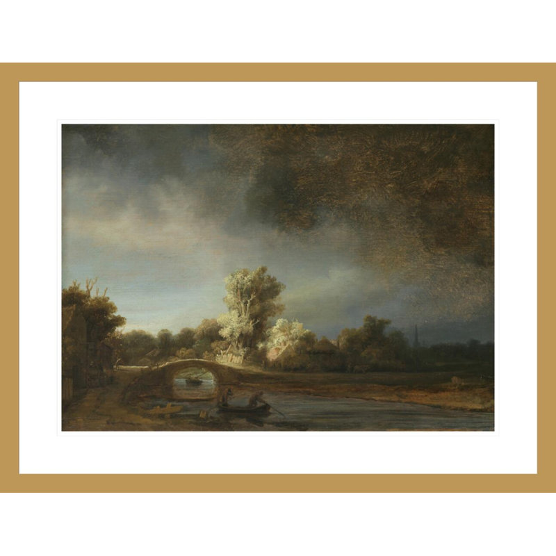 «The Stone Bridge» par Rembrandt van Rijn - Reproduction giclée encadrée, H 22,83 po x l 29,5 po
