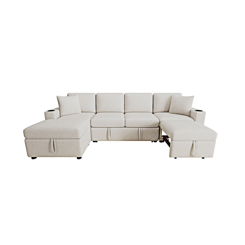 Canapé-lit modulaire convertible avec rangement et repose-pieds, Chenille beige